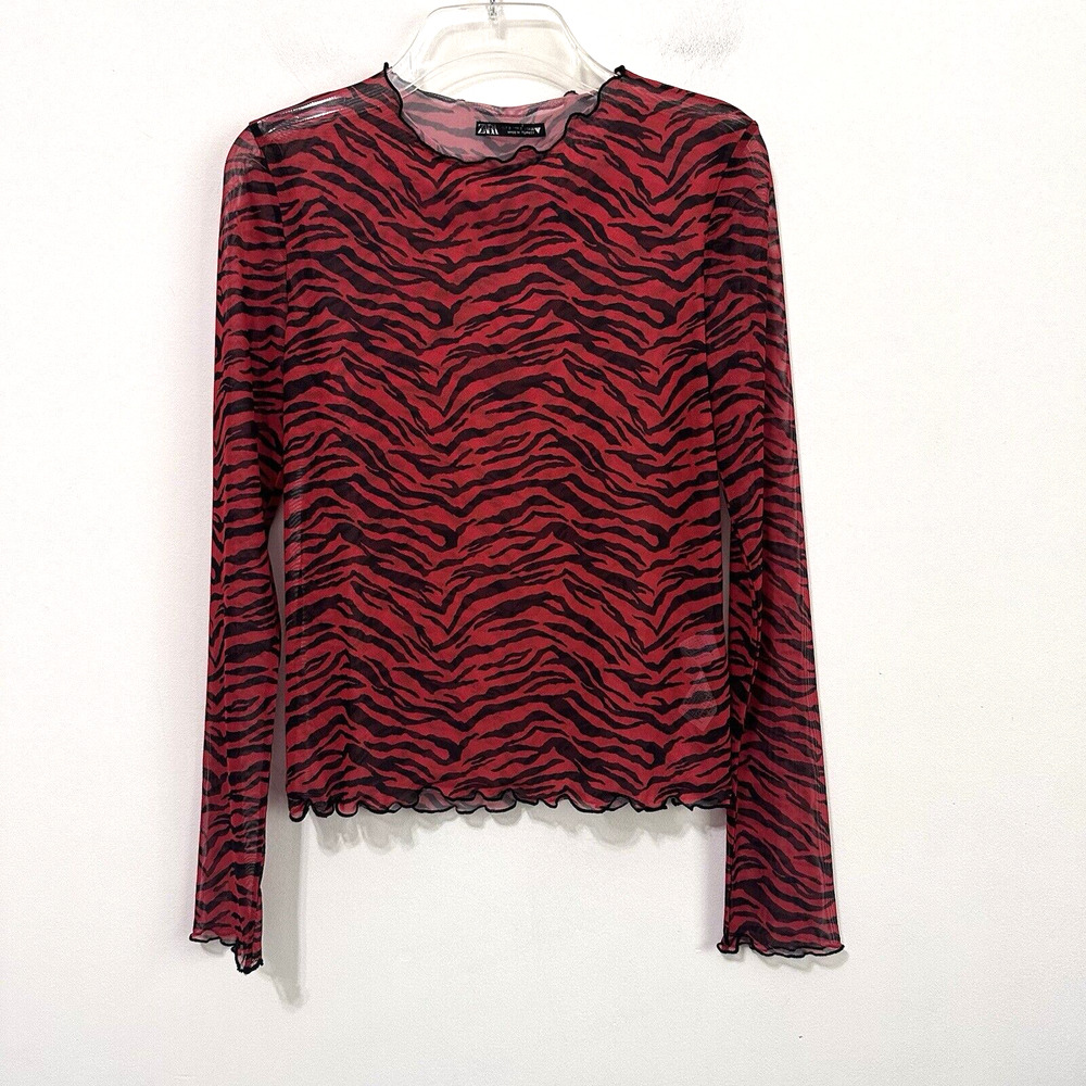 Zara Sheer Red Zebra Top Shirt S Long Sleeve Shirt Cocktail Club Party Concert